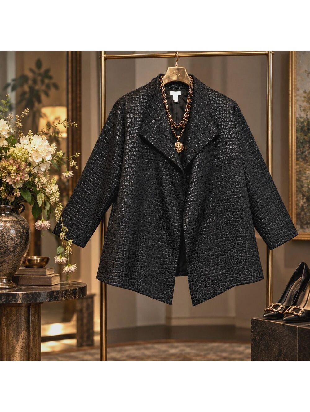 Chico's Jacquard Open Jacket Sz 3 XL Black Animal Lined Easy Care Night Out